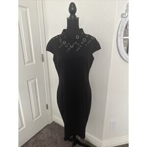 Womens Size 6 St. John Black Grommet Detail Funnel Neck Sheath Dress